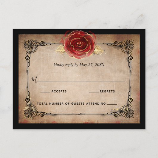 Rustiek Rood Rose Goud Zwart Elegant Bruiloft RSVP Briefkaart (Voorkant)
