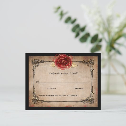 Rustiek Rood Rose Goud Zwart Elegant Bruiloft RSVP Briefkaart (Staand voorkant)