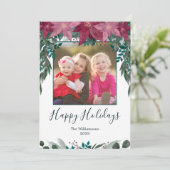 Rustiek Rood Roze Poinsettias Greenery Boho Foto Feestdagenkaart (Staand voorkant)