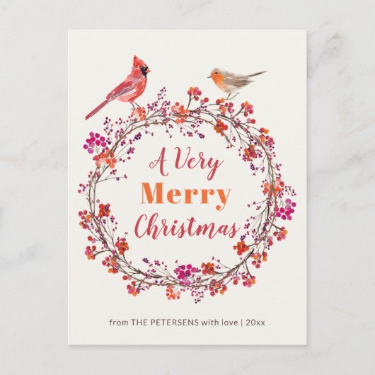 Rustiek rood roze sinaasappel hulst kerstkrans feestdagenkaart (Voorkant)