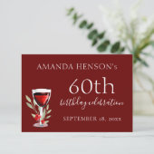 Rustiek rood wijnglas 60e verjaardag partij RSVP kaartje (Staand voorkant)