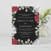 Rustiek Rood & Wit Bloemen Groen Zwart Bruiloft Kaart (Staand voorkant)