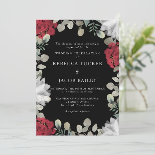 Rustiek Rood & Wit Bloemen Groen Zwart Bruiloft Kaart (Staand voorkant)