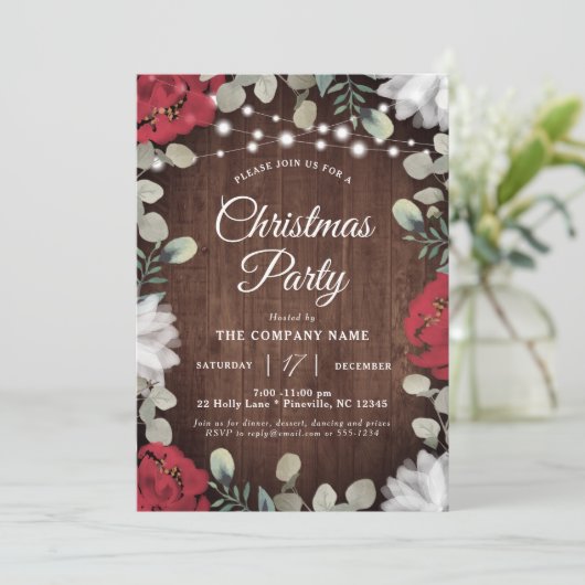 Rustiek Rood Wit Bloemen Lichten Kerstfeest Kaart (Staand voorkant)