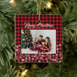 Rustiek Rood Zwart Buffalo Plaid Familie Foto Keramisch Ornament