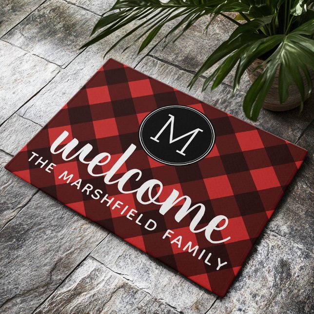 Rustiek Rood & Zwart Buffalo Plaid Familie Welkom Deurmat (Custom Welcome Mat)