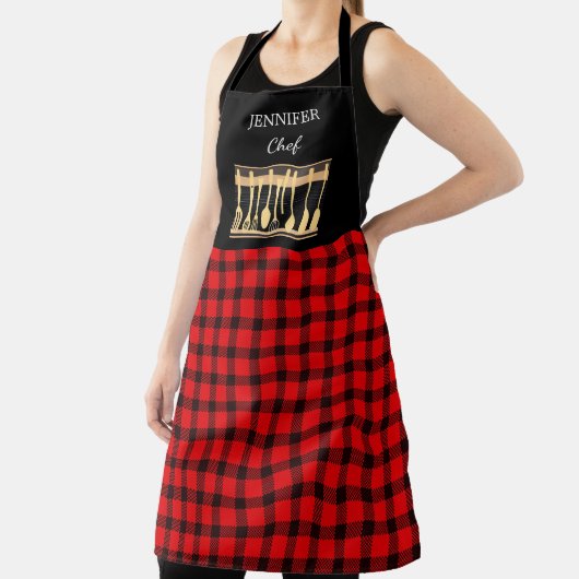 Rustiek rood zwart buffel monogram naam keuken schort (Insitu)