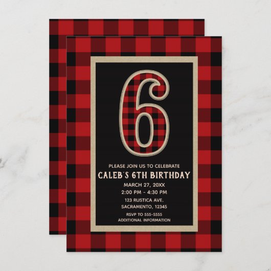 Rustiek Rood Zwart Buffel Plaid 6e Verjaardagsfees Kaart (Voorkant / Achterkant)