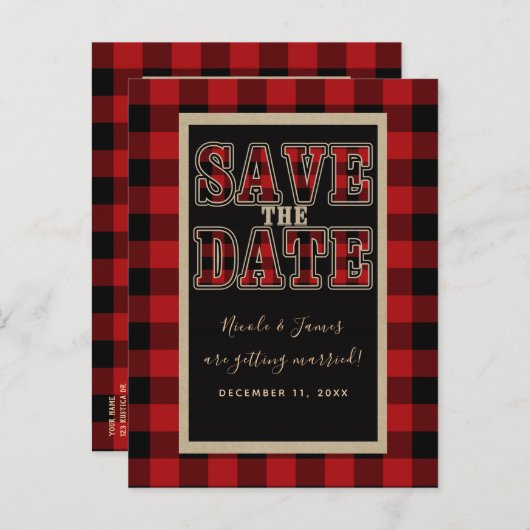 Rustiek Rood Zwart Buffel Plaid Save the Date Aankondigingskaart (Voorkant / Achterkant)
