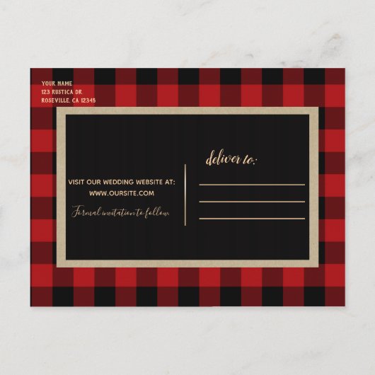 Rustiek Rood Zwart Buffel Plaid Save the Date Aankondigingskaart (Achterkant)
