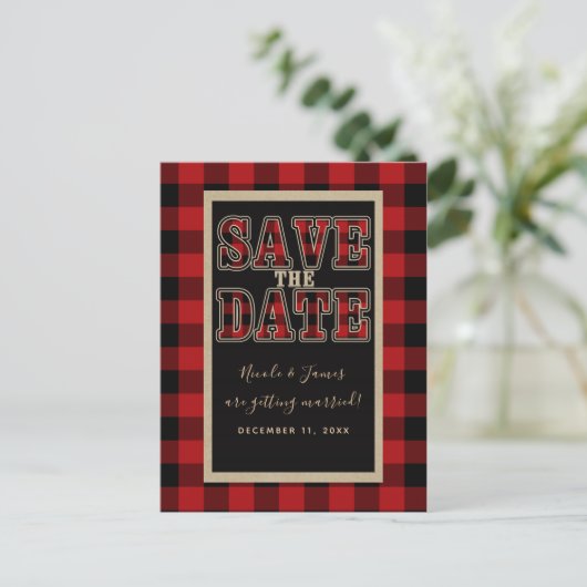 Rustiek Rood Zwart Buffel Plaid Save the Date Aankondigingskaart (Staand voorkant)