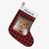 Rustiek Rood Zwart Check geruite Pet Photo Cat Grote Kerstsok (Voorkant (Hangend))