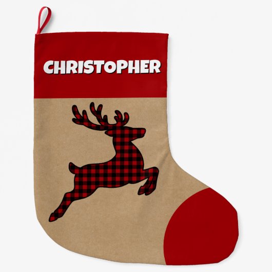 Rustiek Rood & Zwart Geplaagd Rendier Aangepaste N Grote Kerstsok (Voorkant)