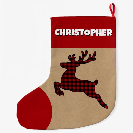 Rustiek Rood & Zwart Geplaagd Rendier Aangepaste N Grote Kerstsok (Achterkant)