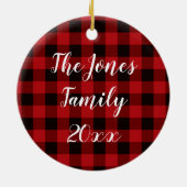 Rustiek rood zwart geruite patroon ijzige sneeuwvl keramisch ornament (Achterkant)