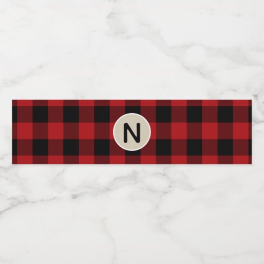 Rustiek Rood Zwart Plaid Kraft Monogram Party Waterfles Etiket (Enkel label)