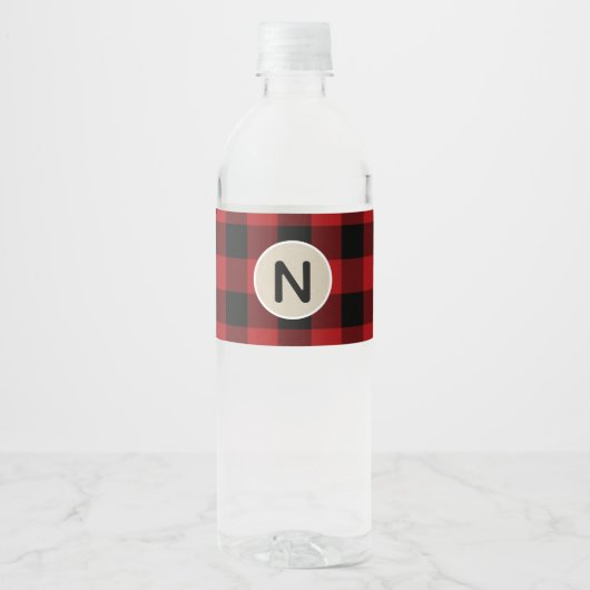 Rustiek Rood Zwart Plaid Kraft Monogram Party Waterfles Etiket (Voorkant)