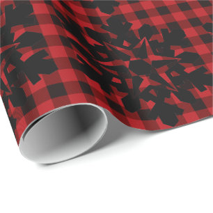 Rustiek rood zwart plaid met sneeuwvlok detail cadeaupapier