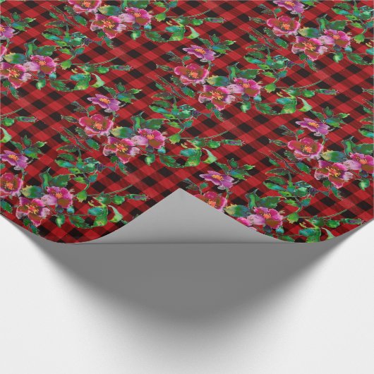 Rustiek rood zwart plaid met waterverf roos detail cadeaupapier (Hoek)