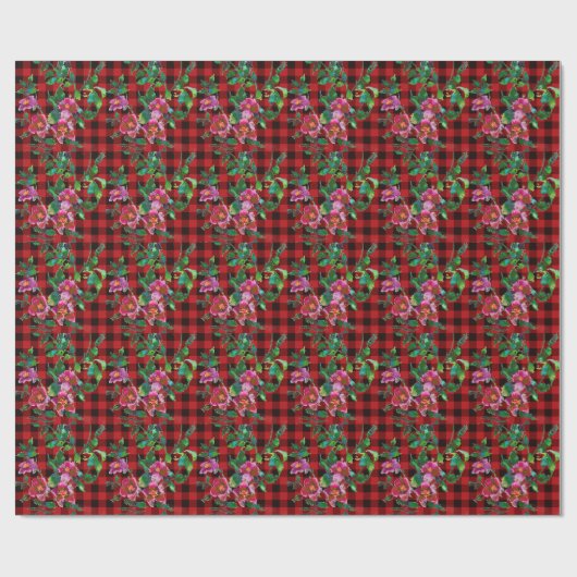 Rustiek rood zwart plaid met waterverf roos detail cadeaupapier (Vlak)