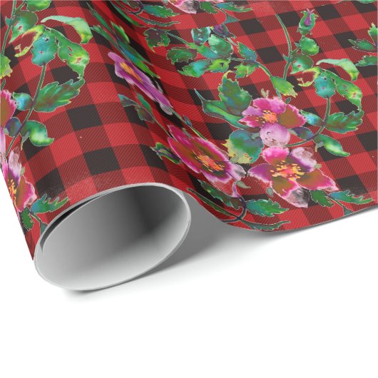 Rustiek rood zwart plaid met waterverf roos detail cadeaupapier (Rol Hoek)