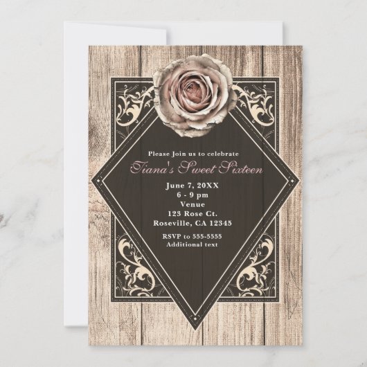 Rustiek Roos Elegant Licht Hout Diamanten Uitnodig Kaart (Voorkant)