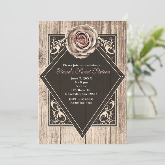 Rustiek Roos Elegant Licht Hout Diamanten Uitnodig Kaart (Staand voorkant)