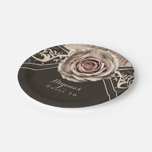 Rustiek Roos Elegant Licht Houten Diamantpartij Papieren Bordje (Gekanteld)