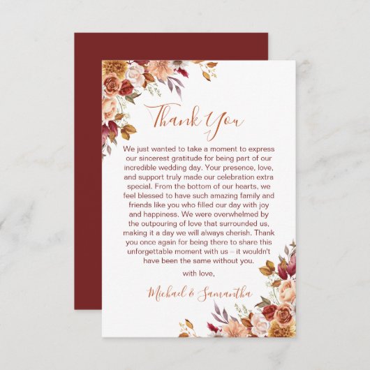 Rustiek Roos en Chrysanthemum herfstbruiloft Bedankkaart (Voorkant / Achterkant)