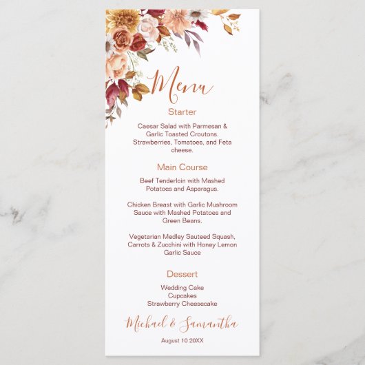 Rustiek Roos en Chrysanthemum herfstbruiloft Menu (Voorkant)