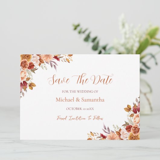 Rustiek Roos en Chrysanthemum herfstbruiloft Save The Date (Staand voorkant)