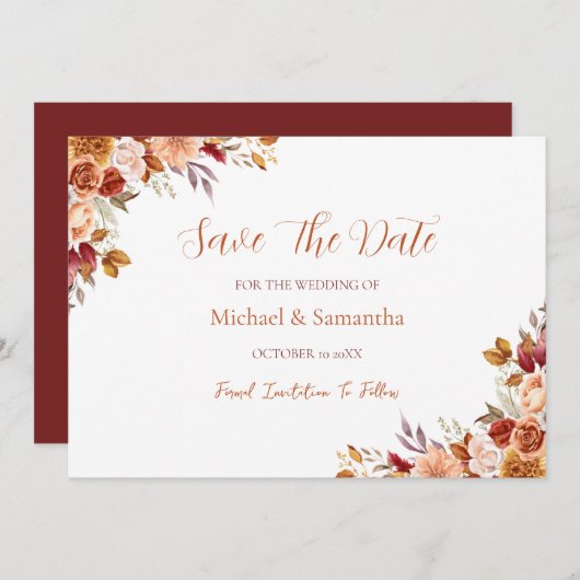 Rustiek Roos en Chrysanthemum herfstbruiloft Save The Date (Voorkant / Achterkant)