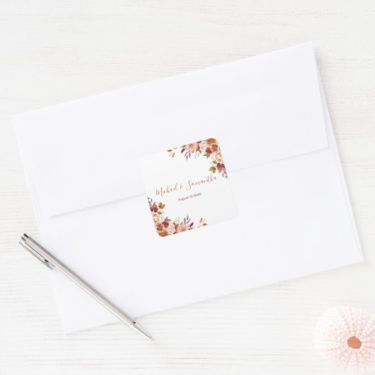 Rustiek Roos en Chrysanthemum herfstbruiloft Vierkante Sticker (Envelop)