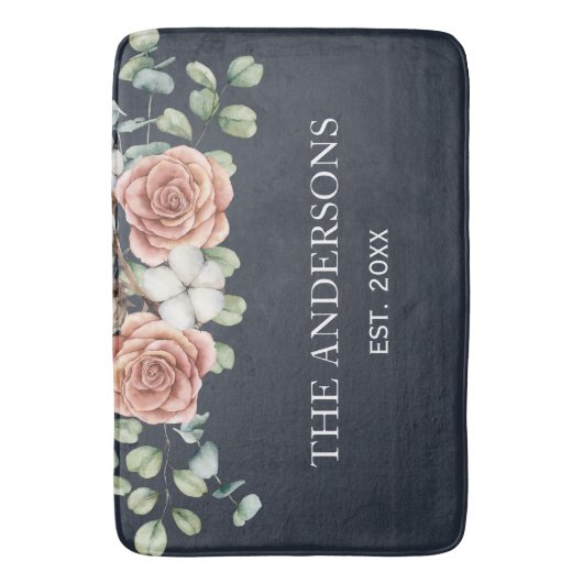 Rustiek Roos Eucalyptus Floral Botanisch Zwart Badmat (Voorkant Verticaal)