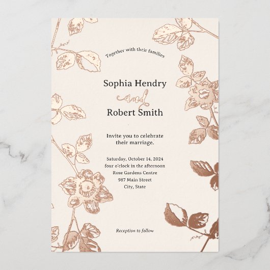 Rustiek Roos Goud Whimsical Bloemen Bruiloft Folie Uitnodiging (Voorkant)