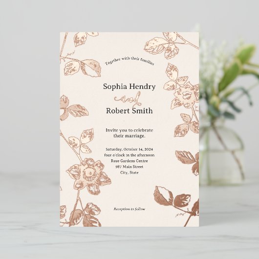 Rustiek Roos Goud Whimsical Bloemen Bruiloft Folie Uitnodiging (Staand Voorkant)