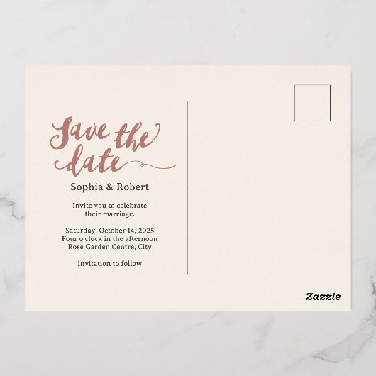 Rustiek Roos Gouden Botanische Bruiloft Bewaar de  Folie Uitnodiging Briefkaart (Achterkant)