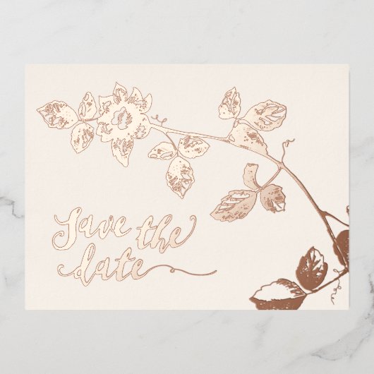 Rustiek Roos Gouden Botanische Bruiloft Bewaar de Folie Uitnodiging Briefkaart (Voorkant)