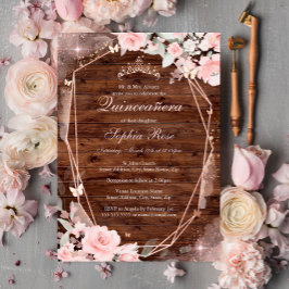 Rustiek Roos Gouden Roze Vlinder Bloemen Quinceane Folie Uitnodiging