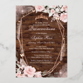 Rustiek Roos Gouden Roze Vlinder Bloemen Quinceane Folie Uitnodiging (Voorkant)