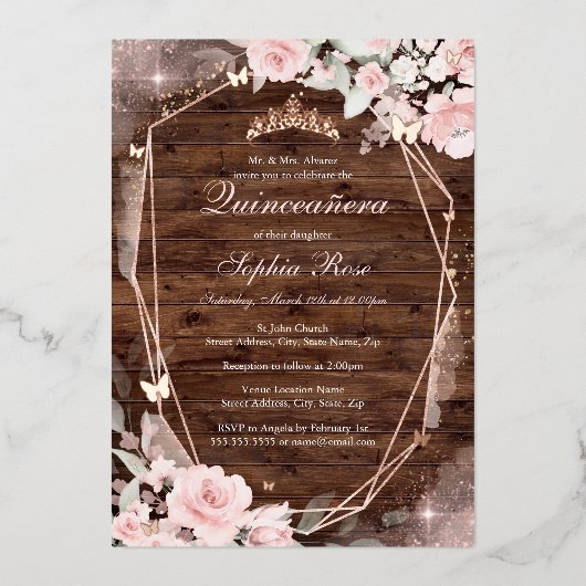 Rustiek Roos Gouden Roze Vlinder Bloemen Quinceane Folie Uitnodiging (Voorkant)