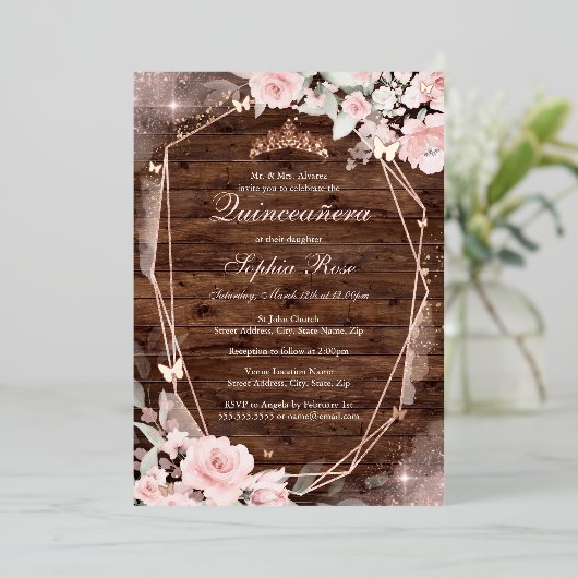 Rustiek Roos Gouden Roze Vlinder Bloemen Quinceane Folie Uitnodiging (Staand Voorkant)