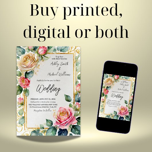 Rustiek Roos Ingelijste Waterverf Bloemenbruiloft Kaart