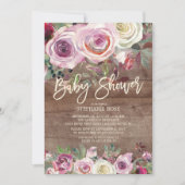 Rustiek Roos Paarse Bloemen Baby shower Invitation Kaart (Voorkant)