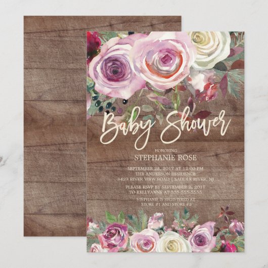 Rustiek Roos Paarse Bloemen Baby shower Invitation Kaart (Voorkant / Achterkant)