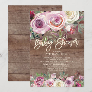 Rustiek Roos Paarse Bloemen Baby shower Invitation Kaart