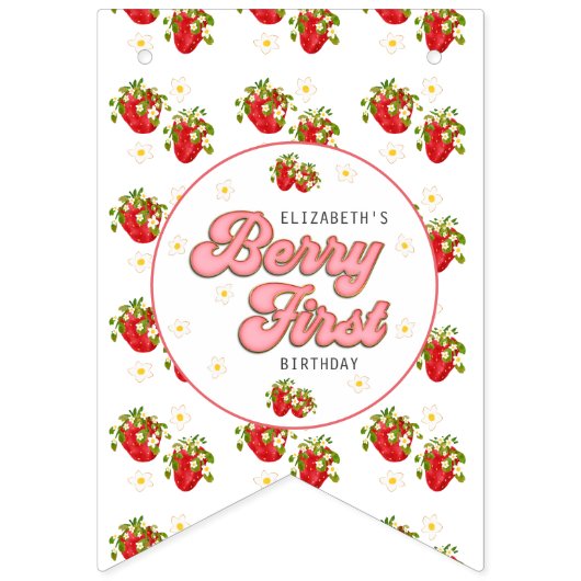 Rustiek Roze Aardbei Happy Birthday Berry First Vlaggetjes (Eerste vlag)