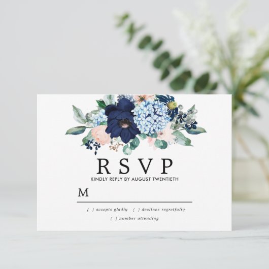 Rustiek Roze Blauw Bloemen Huwelijk RSVP Kaart (Staand voorkant)