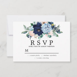 Rustiek Roze Blauw Bloemen Huwelijk RSVP Kaart