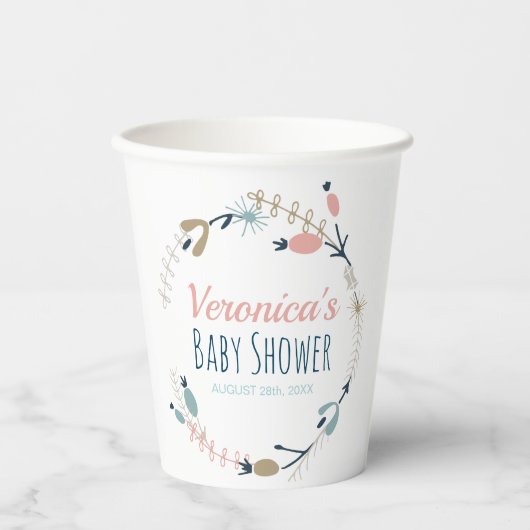 Rustiek Roze Blauw Pastel Botanisch Baby shower Papieren Bekers (Voorkant)
